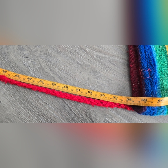 Woven rainbow satchel with a red strap and trim. - Picture 8 of 8